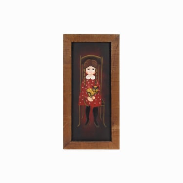 Folk Art Oil Painting on Canvas Board Outsider Art Vintage Girl Portrait 