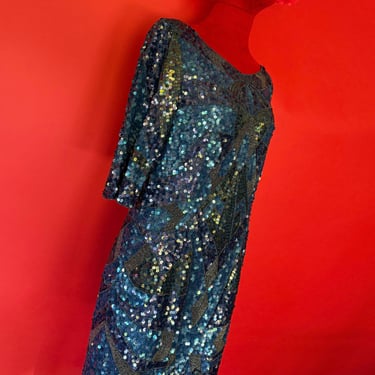 Vintage Adrianna Papell Blue Sequin Art Deco Dress | Beaded Gatsby Flapper Style Mini Dress, Iridescent Cocktail Party Dress, Size 10 