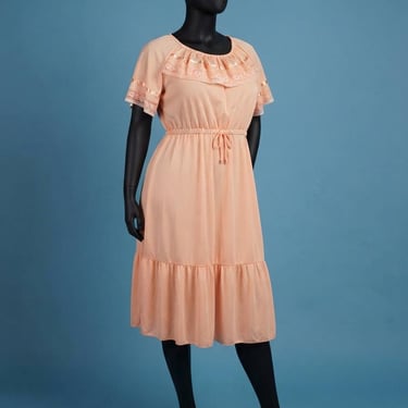 Vintage 1970s Plus Size Peach Apricot Frilly Ruffle Dress Size 16 XL 