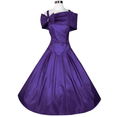 Vintage 80s 90s Purple Taffeta Full Skirt Prom Dance Long Maxi Party Dress M Medium Shawl Bow Rhinestones Formal Evening Gown 1980s Ballgown 