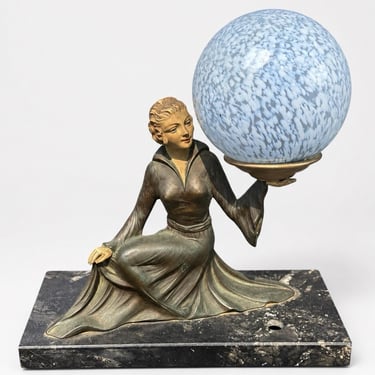 Art Deco Style Lady Figural Table Lamp, Blue Glass Globe & Marble Base 