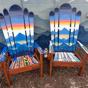 Set of 2 - Mystic Mountain Evening Sunset Hybrid Ski/Snowboard Chairs, hand painted, sunset, night sky, repurposed skis, Adirondack hybrid 