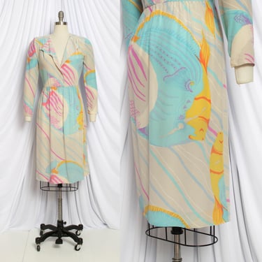 Vintage 1980s Dress | 80s NICOLE MILLER Silk Fish Novelty Print Sheath Wiggle Dress | small/medium 