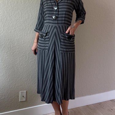 1950s Jack Mann Originals Dress Vintage Striped Dress 50s Monochrome Dress 50s Cotton Wool Dress 50s Dress with Pockets Gray Black Chevron 