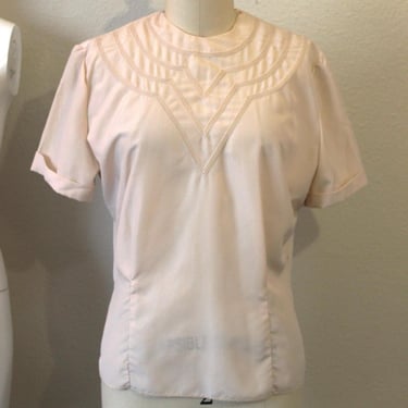 Vintage 1940s 50s Judy Bond Tan Nude Nylon Decorative Neckline Short Sleeve Blouse top Shirt  // Modern Size US 6 8  med 