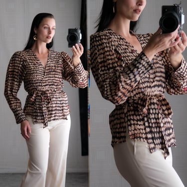 BCBG MAXAZRIA Sandy Polkadot Print Silk & Cotton Blend Wrap Bishop Sleeve Blouse | Silk/Cotton | Y2K 2000s BCBGMAXAZRIA Designer Wrap Top 