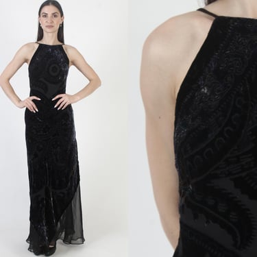 Black Velvet Burnout Dress, Y2K Long Slip, Vintage Silk Evening Gown 
