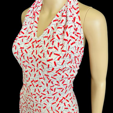 Vintage 1970s 1980s White & Red Geometric Print Striped Halter Top Sun Dress - size Small 