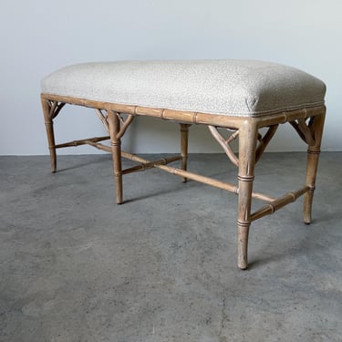 Vintage Hollywood Regency Style Faux Bamboo Carved Upholstered Bench 