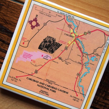 1988 Carlsbad New Mexico & Carlsbad Caverns National Park Map Coaster. New Mexico Map. Vintage National Park. Carlsbad Map. Southwest Decor. 