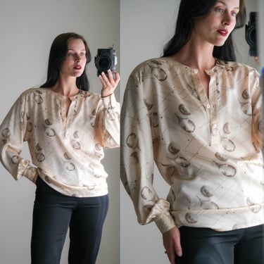 Vintage 80s ESCADA Pale Blush Pink Abstract Geometric Print Liquid Silk Blouse | Made in W Germany | 100% Silk | 1980s Designer Henley Top 