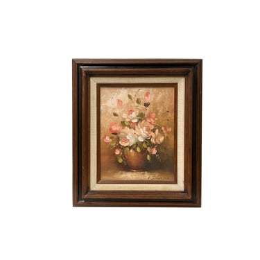 Vintage Blooming Roses Brown Pot Small Canvas Oil Painting ws5073E 