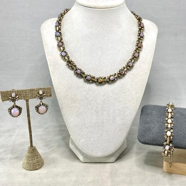 Vintage 1960s Hollycraft Opaline Glass Jewelry Set Necklace Bracelet & Earrings 
