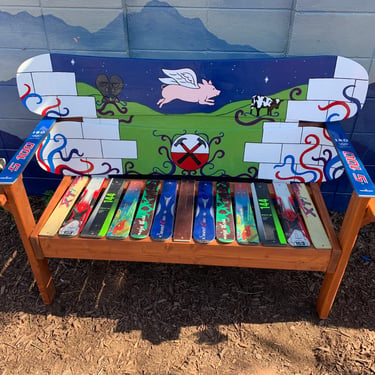 Pink Floyd Themed Snowboard Bench, hand painted outdoor furniture, custom artwork, oil painting 