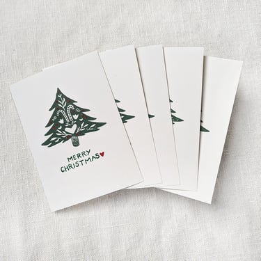 Set of 5 Christmas Tree Cards, Block Printed/Hand Painted 5x7 inch Greeting Card in Dark Green and Red, Blank Inside 