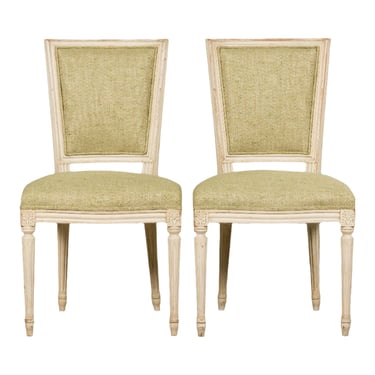 Antique French Louis XVI Style Painted Accent Side Chairs in Light Green- A Pair 