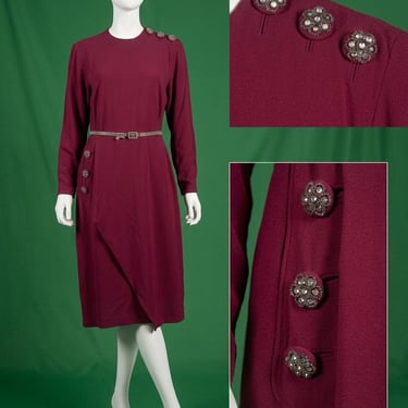 Vintage 1940's Burgundy Rayon Crepe Dress Size S/M 