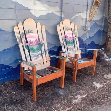 Set of Two - Pinecone Mountain Mural Adirondack Snowboard Chairs, Outdoor Furniture, Patio Set, Hand Painted Chairs, Repurposed Snowboards 