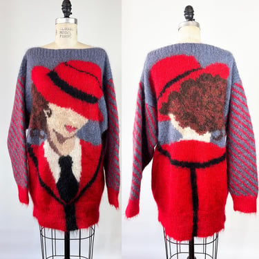 Vintage 1980s Oversized Red Fuzzy Mohair Lady Head Intarsia Sweater Dress with Boat Neck 