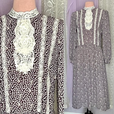 Boho Hippie Maxi, Dark Floral Dress, Jabot, Victorian Prairie Cottage Core, Vintage 