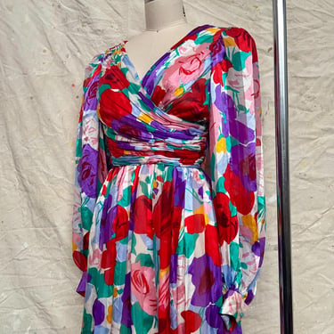 1980s Floral Silk Morton Myles Dress Semi Sheer 