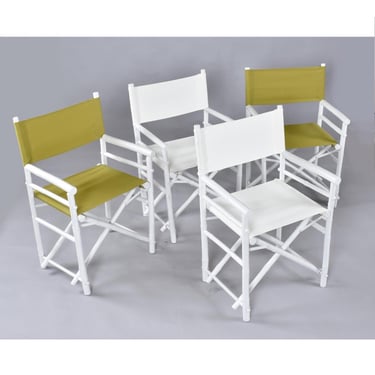 Set of 4 Vintage White Rattan Bamboo Canvas Sling Folding Directors Chairs 