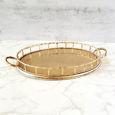 Vintage Brass Faux Bamboo Oval Tray with Handles - Gallery Rail Vanity & Bar Serving Display 
