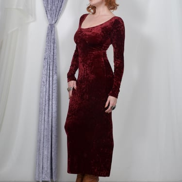 Vintage 1990s Dress / '90s Betsey Johnson Velvet Maxi Dress / Burgundy ( XS S ) 