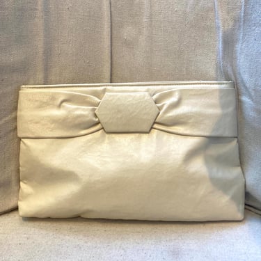 Vintage 80s LEATHER CLUTCH Shoulder Bag / IVORY / Big Bow Detail / Bag Bazaar 