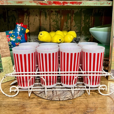 Vintage Hazel Atlas Candy Stripe Set of 8 Tumblers in Carrier