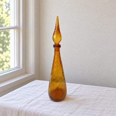 Vintage Empoli Amber Glass Genie Bottle | Swirl Decanter with Stopper | Mid Century Modern Barware Decor 
