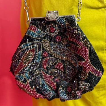 Vintage Hand Beaded Evening Bag | Black Bugle Bead Purse with Red Teal Gold Paisley Floral Motif | Filigree Clasp, Chain Strap, 1940s 50s 