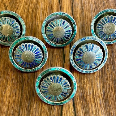 Vintage Los Castillo Brass Cabinet Knobs Inlaid with Malachite Azurite - Mexican Mid Century Modernism 
