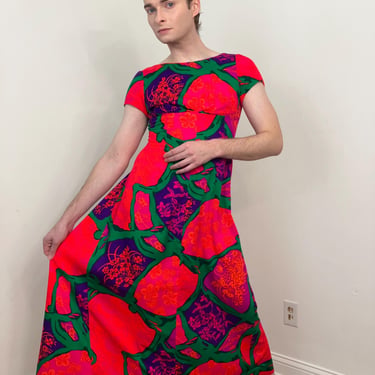 70s Sun Fashions of Hawaii floral dayglo barkcloth waterfall back maxi dress 