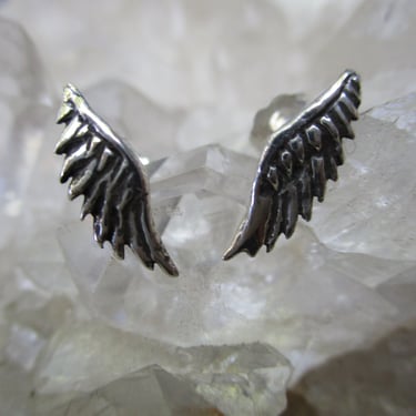 Wing Post Earrings ~Opposite Carvings~ Hand Cast Sterling Silver w/ Antiquing 