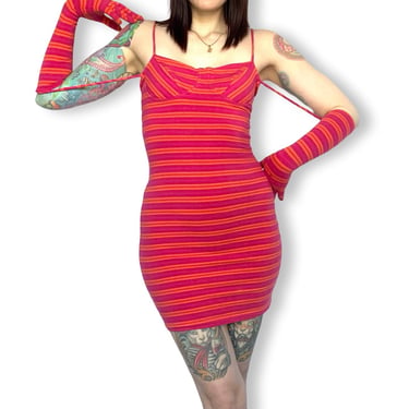 Vintage BETSEY JOHNSON 1980s PUNK Label Pink & Orange Striped Print Body Con Dress w/ Matching Gloves and Jacket - size Small Medium 