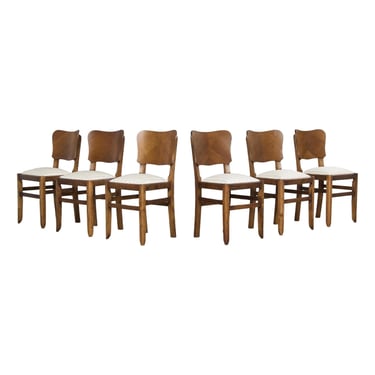 1930s French Art Deco Oak Dining Chairs in Striped Fabric - Set of 6 