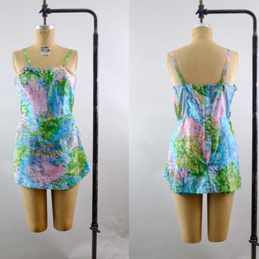 Vintage 60s Watercolor Swimsuit – Size S/M - Skirted One Piece Bathing Suit - Metal Zip 