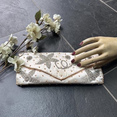 Vintage Ivory Satin Pearl Silver Bead Bead Envelope Clutch Bag 