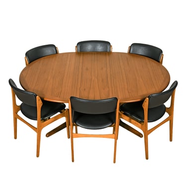 Pedestal Base Round-to-Oval Dining Table w 2 Leaves + Sleek Edge Banding in Danish Teak