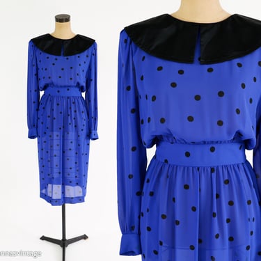 1980s Blue and Black Polka Dot Chiffon Dress | 80s Blue Polka  Dot Dress | Albert Nipon | Small 