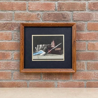 Vintage William Harnett Still Life Framed Print, Dark Academia Writing Desk Art, Quill & Inkwell, Rustic Wood Frame 