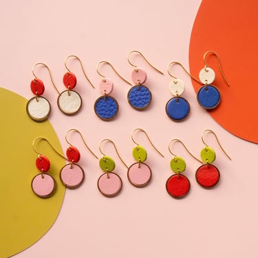 Mini 2-Tone Leather Orbit Earrings - Colourful Tiered Circles 