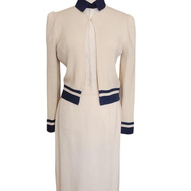 Vintage 1970s St John Suit Santana Knit Jacket Skirt Blouse Cream Navy 3 Piece 