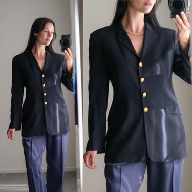 Vintage 90s PIAZZA SEMPIONE Black Relaxed Wool Gabardine Four Button Blazer w/ St George Dragon Motif Gold Buttons | Made in Italy | 1990s 