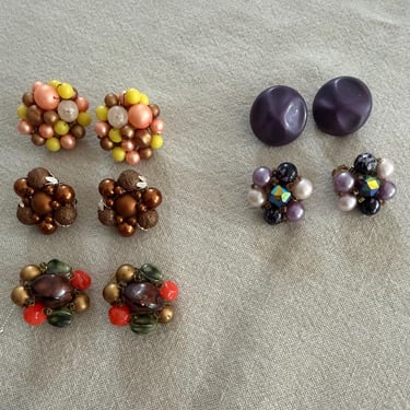 Vintage 1950s Beaded Cluster Clip-On Earrings , Made in Japan, Midcentury Style, lot of 5 