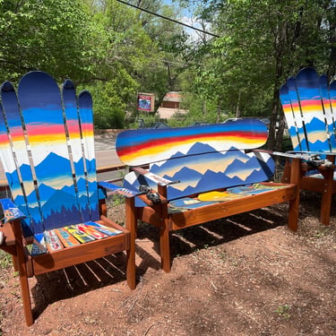 Set of 3 - Sunset Mystic Mountains Patio Set -  Patio Snowboard Chairs, Bench Colorado Wooden Chair, Snowboard Chair, Unique Gift, Chairs 