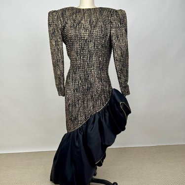 Vintage 1980s Patricia Rhodes Black and Gold Patterned Long Sleeve A-Symmetrical Ruffle Gown Dress with Triangular Back Cut Out 