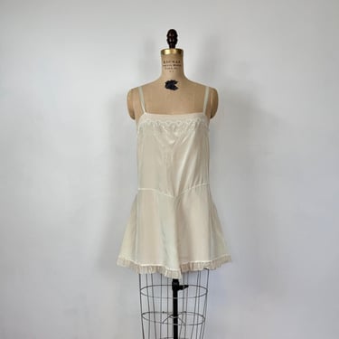 Vintage 20s Step In | Vintage White Silk Onesie | 1920s Sweet Embroidered Romper Lingerie 