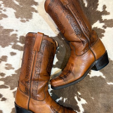 Vintage Tan Tooled Leather Cowboy Boots from Acme men’s size 7 D women’s size 8 1/2 